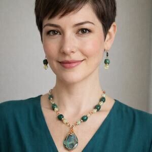 Labradorite 20" Necklace & Earrings 1 1/2" Teardrop cabochon Agate blue green